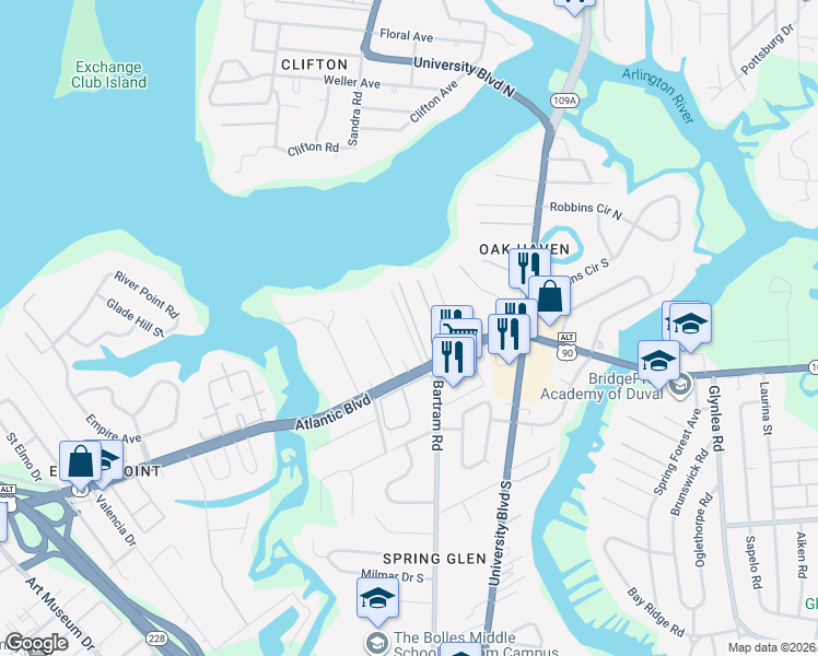 map of restaurants, bars, coffee shops, grocery stores, and more near 1501 Oak Haven Road in Jacksonville