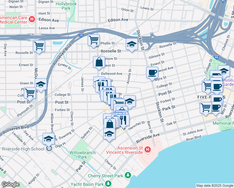 map of restaurants, bars, coffee shops, grocery stores, and more near in Jacksonville