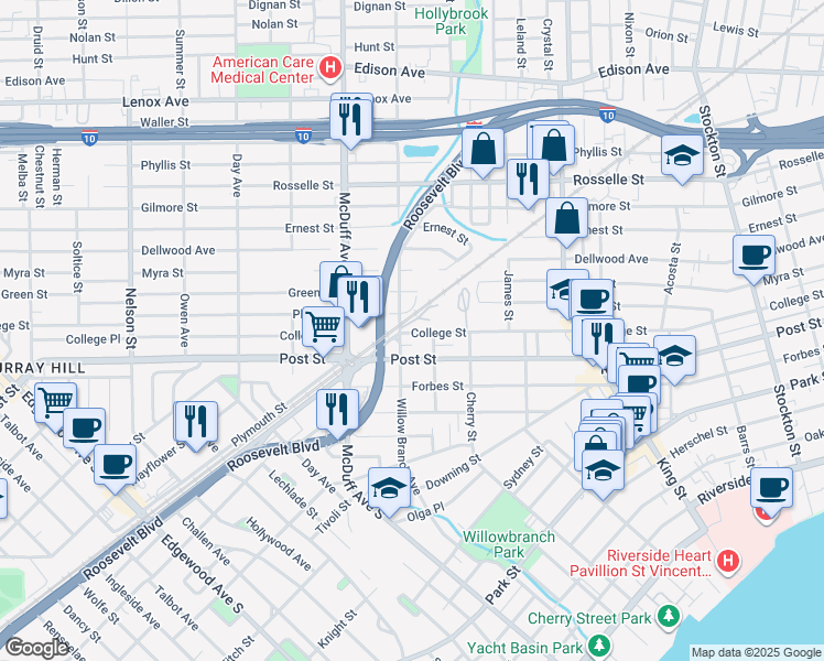 map of restaurants, bars, coffee shops, grocery stores, and more near 2951 Post Street in Jacksonville