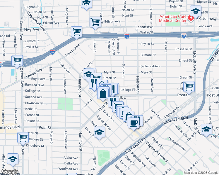 map of restaurants, bars, coffee shops, grocery stores, and more near 938 Jasmine Place in Jacksonville