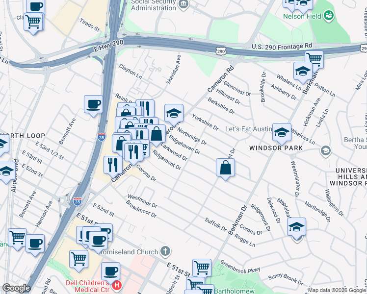 map of restaurants, bars, coffee shops, grocery stores, and more near 1307 Larkwood Drive in Austin