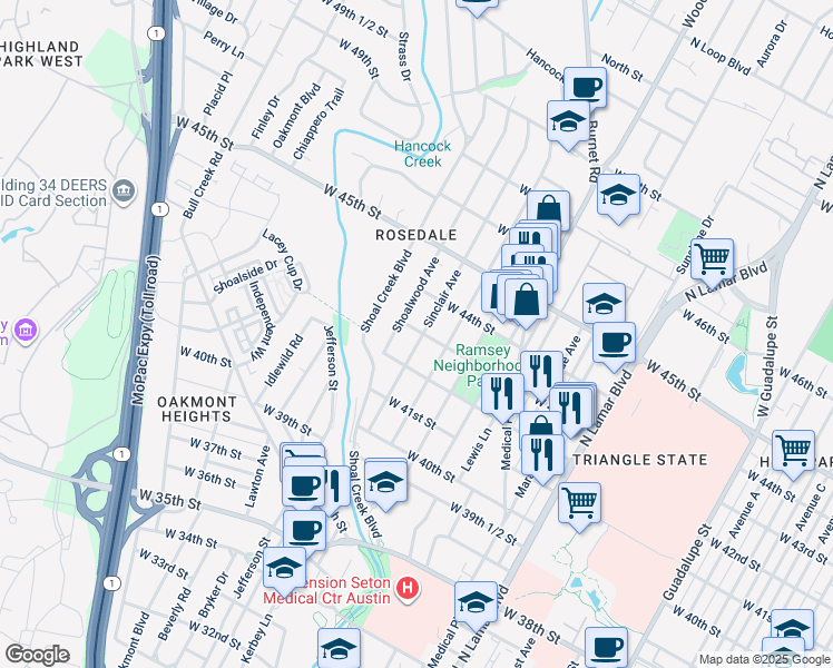 map of restaurants, bars, coffee shops, grocery stores, and more near 4207 Sinclair Avenue in Austin
