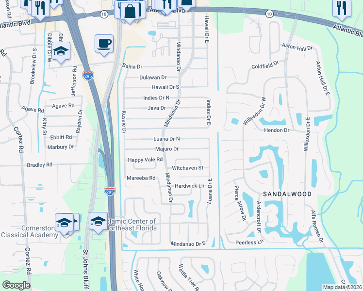map of restaurants, bars, coffee shops, grocery stores, and more near 10937 Majuro Drive in Jacksonville