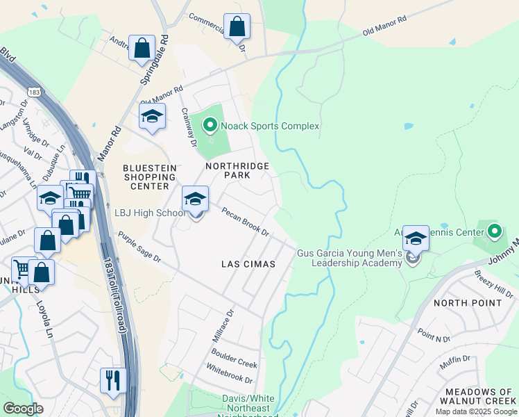 map of restaurants, bars, coffee shops, grocery stores, and more near 5512 Burgundy Drive in Austin