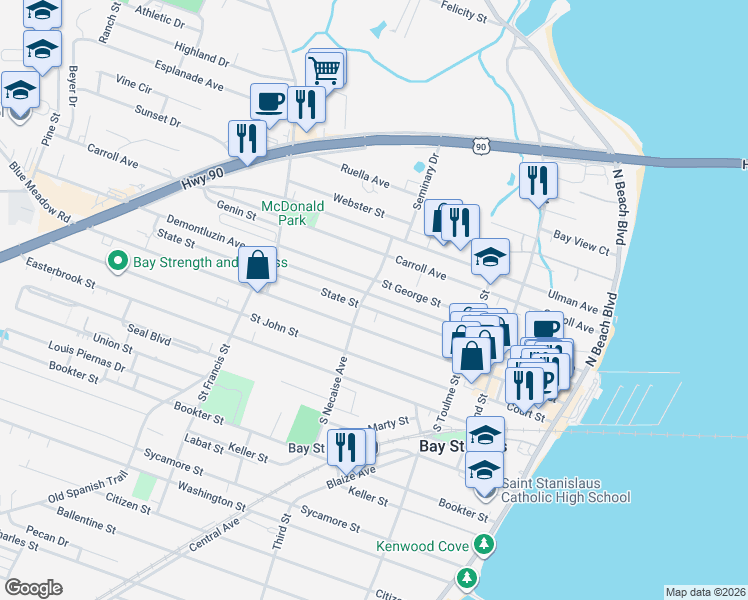 map of restaurants, bars, coffee shops, grocery stores, and more near 350 State St in Bay St. Louis