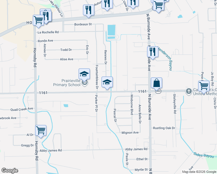 map of restaurants, bars, coffee shops, grocery stores, and more near 40338 Parker Road in Prairieville
