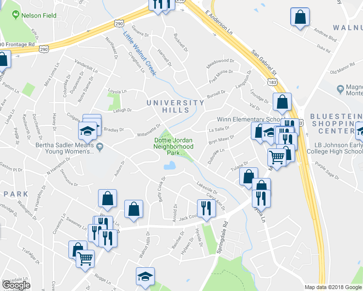 map of restaurants, bars, coffee shops, grocery stores, and more near Loyola Ln & Tulsa Cove in Austin