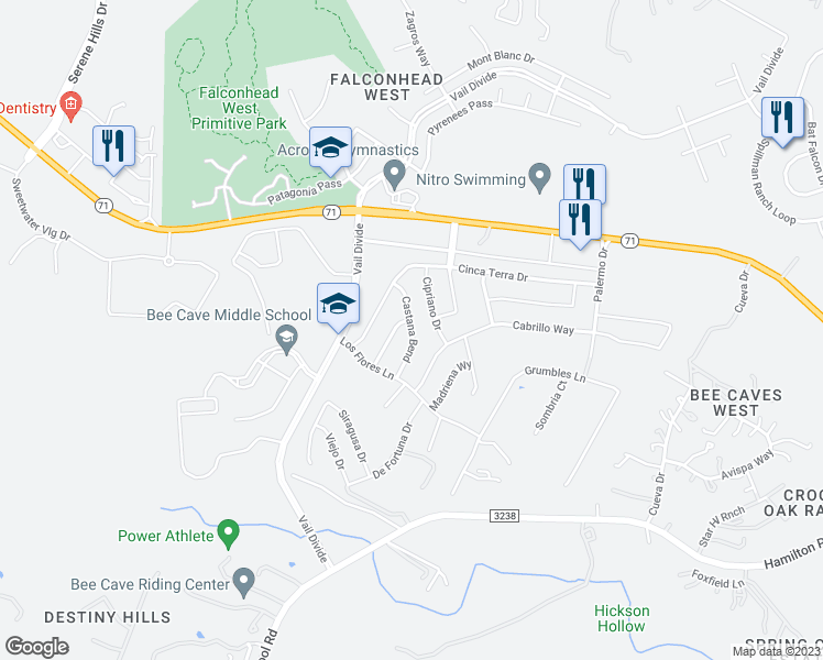 map of restaurants, bars, coffee shops, grocery stores, and more near Castana Bend in Spicewood