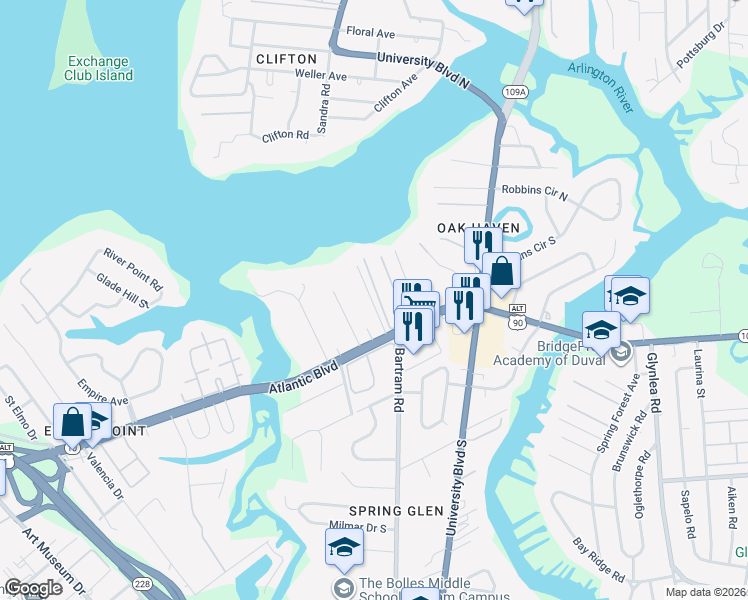 map of restaurants, bars, coffee shops, grocery stores, and more near 1501 Oak Haven Road in Jacksonville