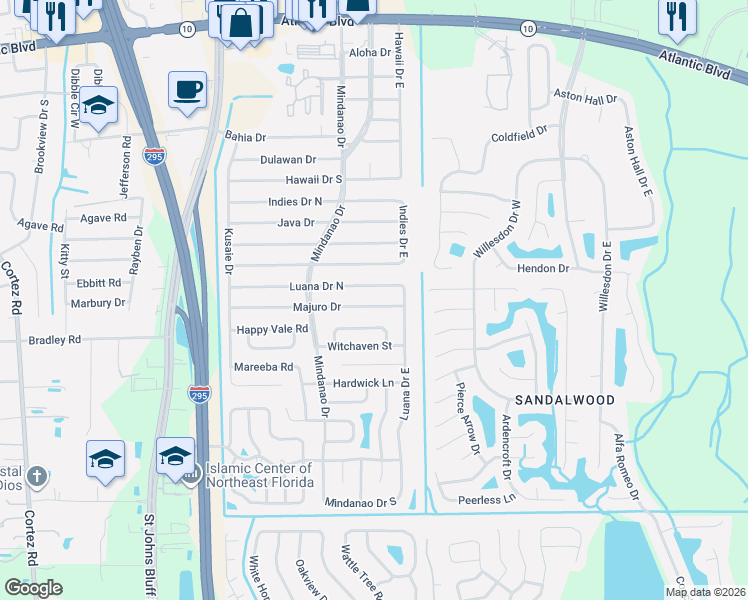 map of restaurants, bars, coffee shops, grocery stores, and more near 10983 Weymouth Circle East in Jacksonville