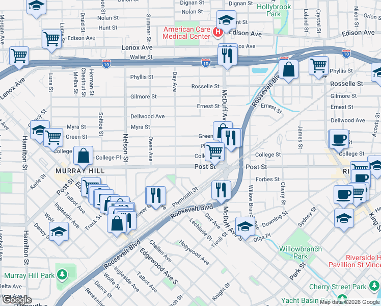 map of restaurants, bars, coffee shops, grocery stores, and more near 3109 Post Street in Jacksonville