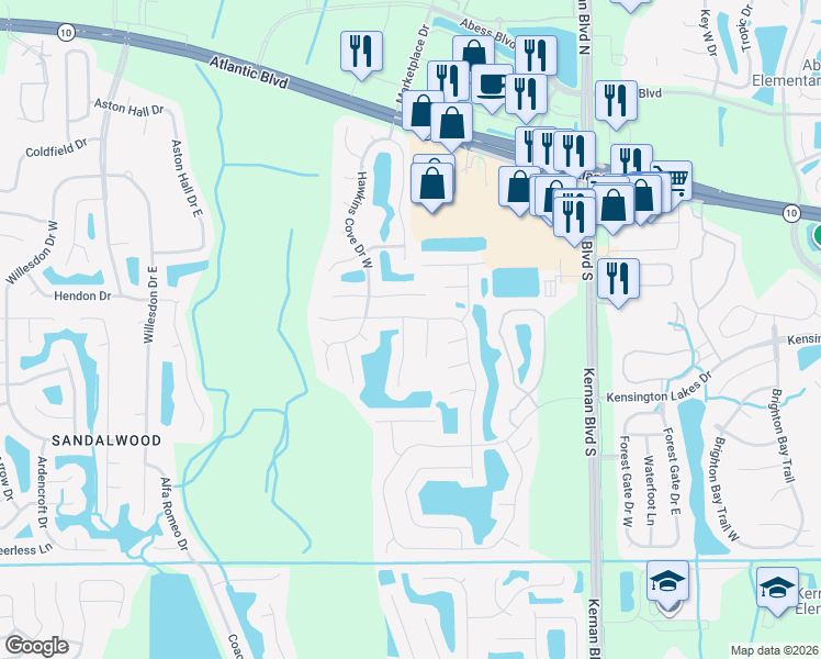 map of restaurants, bars, coffee shops, grocery stores, and more near 12159 Sunchase Drive in Jacksonville