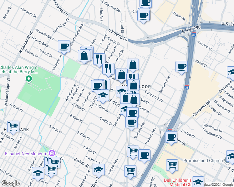 map of restaurants, bars, coffee shops, grocery stores, and more near 5204 Martin Avenue in Austin