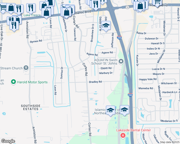 map of restaurants, bars, coffee shops, grocery stores, and more near 2072 Rahanson Drive in Jacksonville