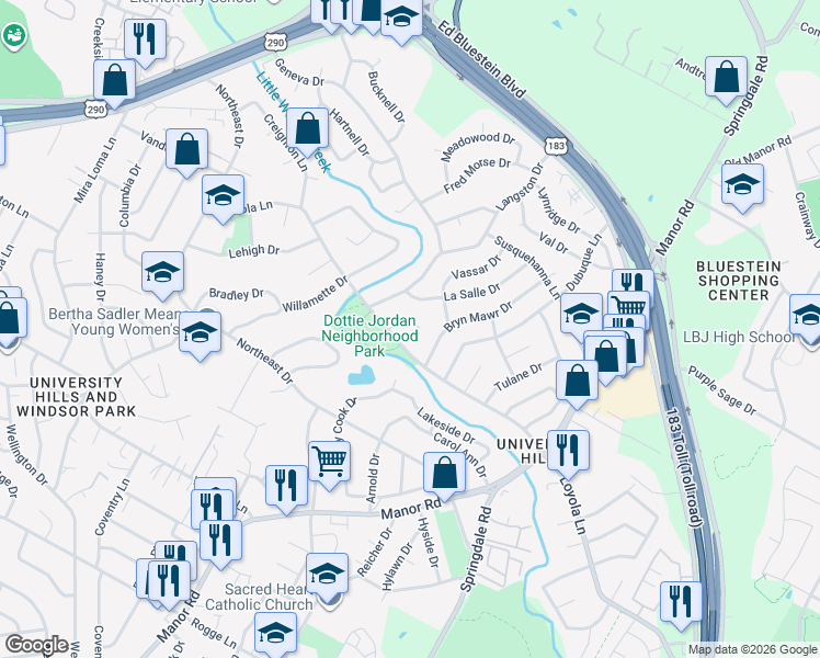 map of restaurants, bars, coffee shops, grocery stores, and more near 6701 La Salle Drive in Austin