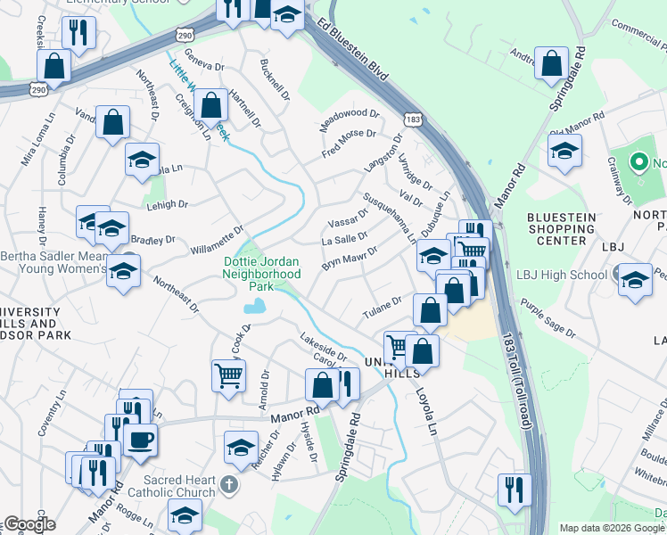 map of restaurants, bars, coffee shops, grocery stores, and more near 6805 Hanover Lane in Austin