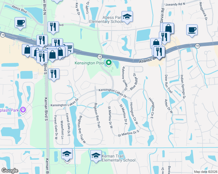 map of restaurants, bars, coffee shops, grocery stores, and more near 1883 Burgess Hill Drive East in Jacksonville