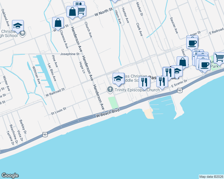 map of restaurants, bars, coffee shops, grocery stores, and more near 250 Church Avenue in Pass Christian