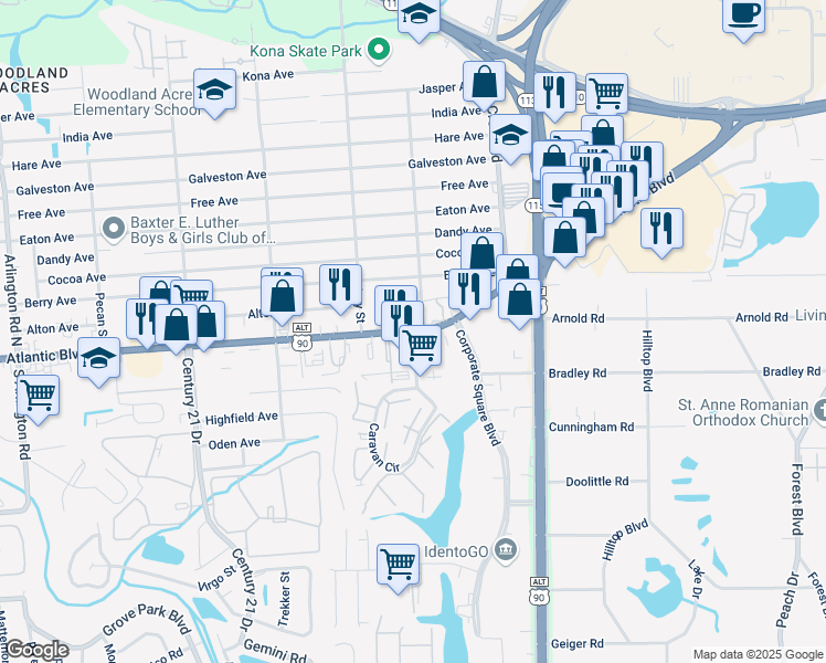 map of restaurants, bars, coffee shops, grocery stores, and more near Atlantic Boulevard & Caravan Trail in Jacksonville