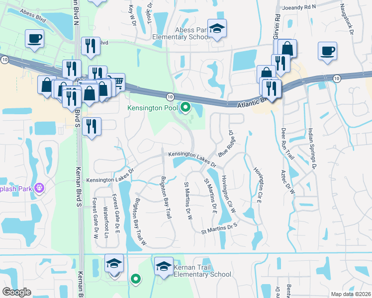 map of restaurants, bars, coffee shops, grocery stores, and more near 1883 Burgess Hill Drive East in Jacksonville