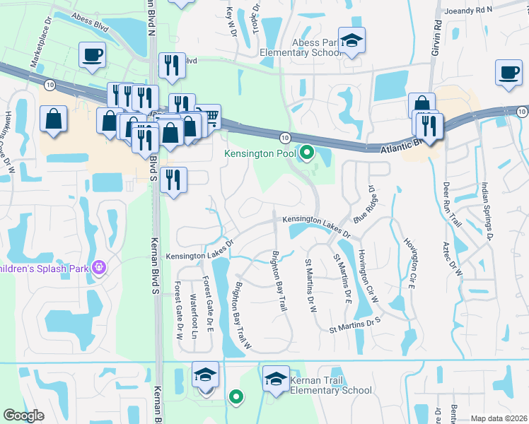 map of restaurants, bars, coffee shops, grocery stores, and more near 12373 Burgess Hill Drive in Jacksonville