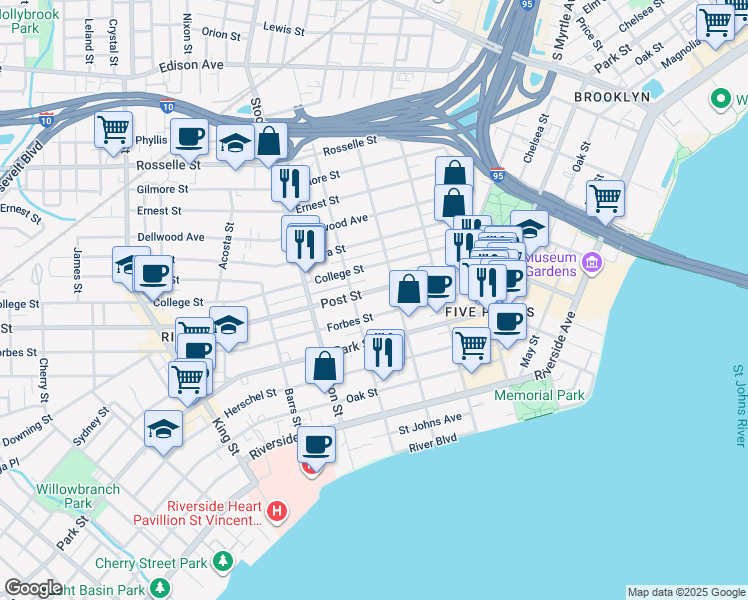 map of restaurants, bars, coffee shops, grocery stores, and more near 2254 College Street in Jacksonville