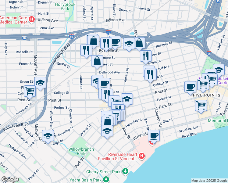 map of restaurants, bars, coffee shops, grocery stores, and more near 2644 Green Street in Jacksonville