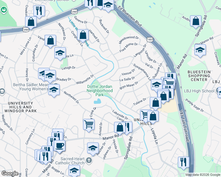 map of restaurants, bars, coffee shops, grocery stores, and more near 6701 La Salle Drive in Austin