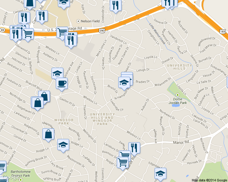 map of restaurants, bars, coffee shops, grocery stores, and more near 2200 Bristol Drive in Austin