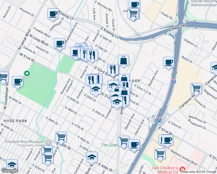 map of restaurants, bars, coffee shops, grocery stores, and more near 5204 Martin Avenue in Austin