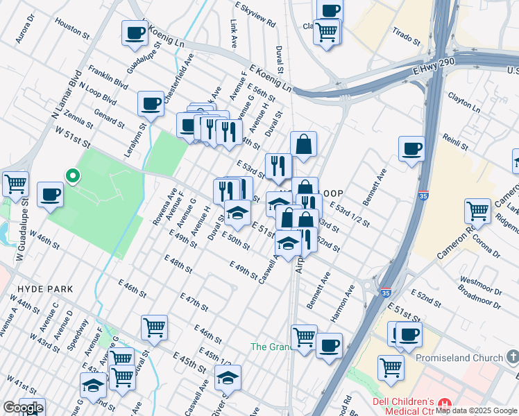 map of restaurants, bars, coffee shops, grocery stores, and more near 5204 Martin Avenue in Austin