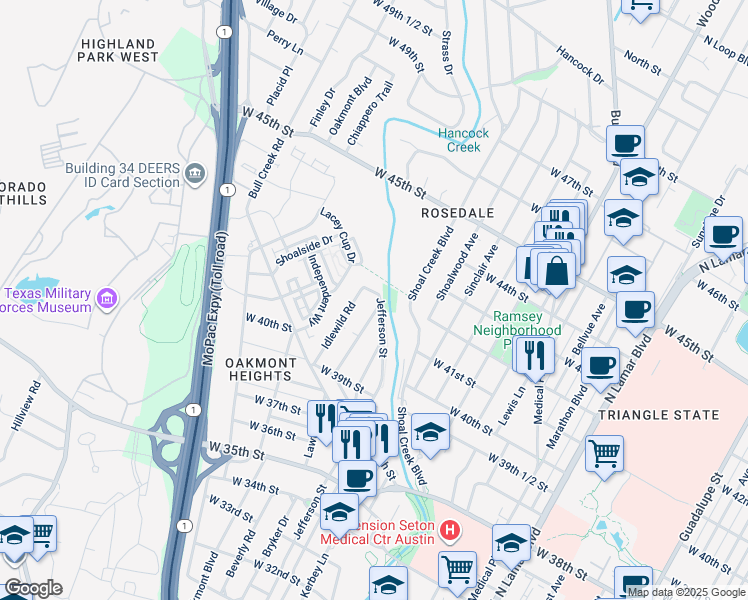 map of restaurants, bars, coffee shops, grocery stores, and more near 4107 Jefferson Street in Austin