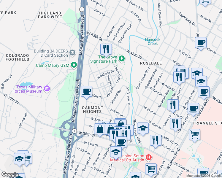 map of restaurants, bars, coffee shops, grocery stores, and more near 4020 Emory Peak Pass in Austin