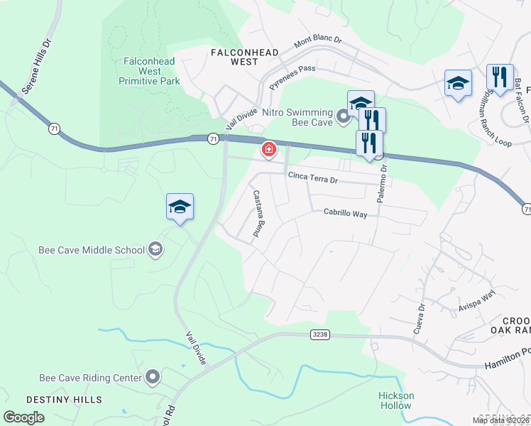 map of restaurants, bars, coffee shops, grocery stores, and more near Castana Bend in Spicewood