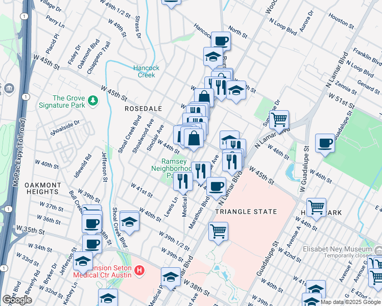 map of restaurants, bars, coffee shops, grocery stores, and more near 1309 West 45th Street in Austin