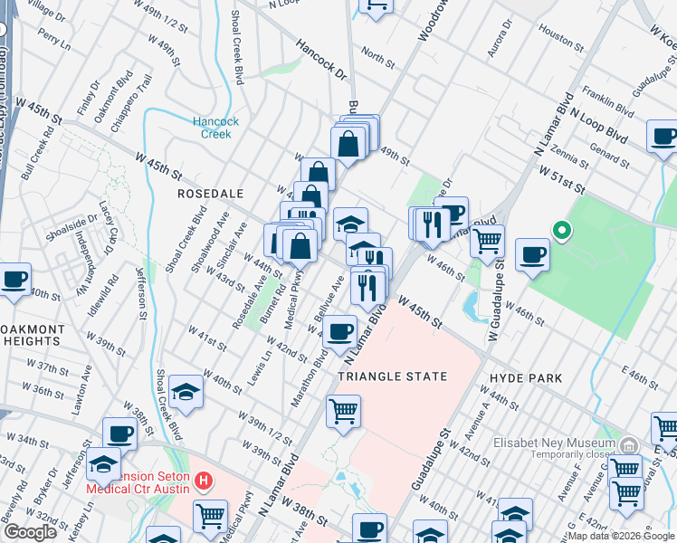 map of restaurants, bars, coffee shops, grocery stores, and more near 4418 Bellvue Avenue in Austin