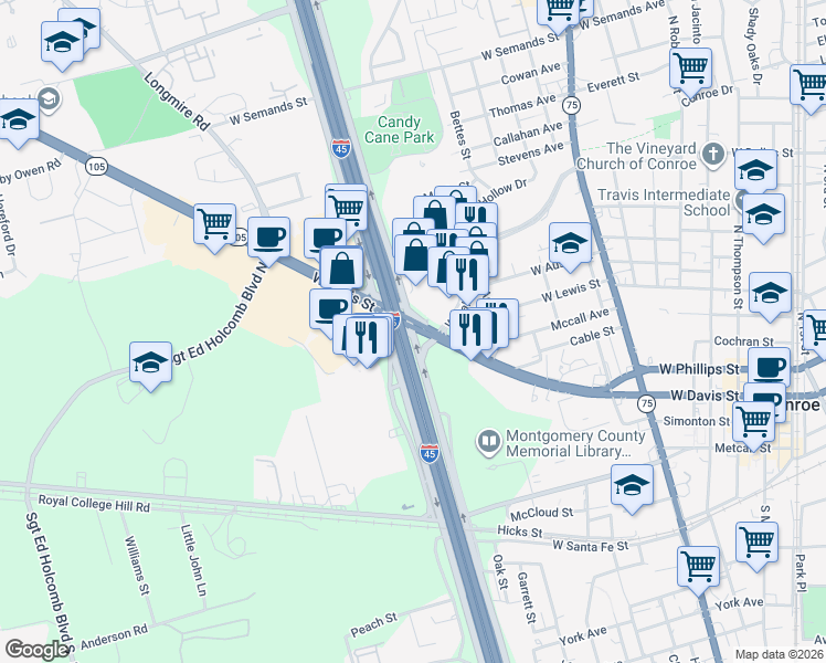 map of restaurants, bars, coffee shops, grocery stores, and more near 342 West Interstate 45 Service Road in Conroe