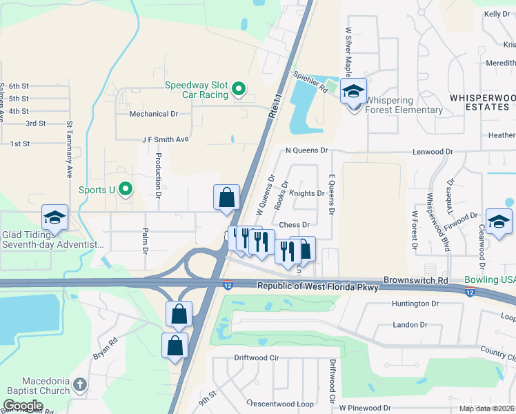 map of restaurants, bars, coffee shops, grocery stores, and more near 132 West Queens Drive in Slidell