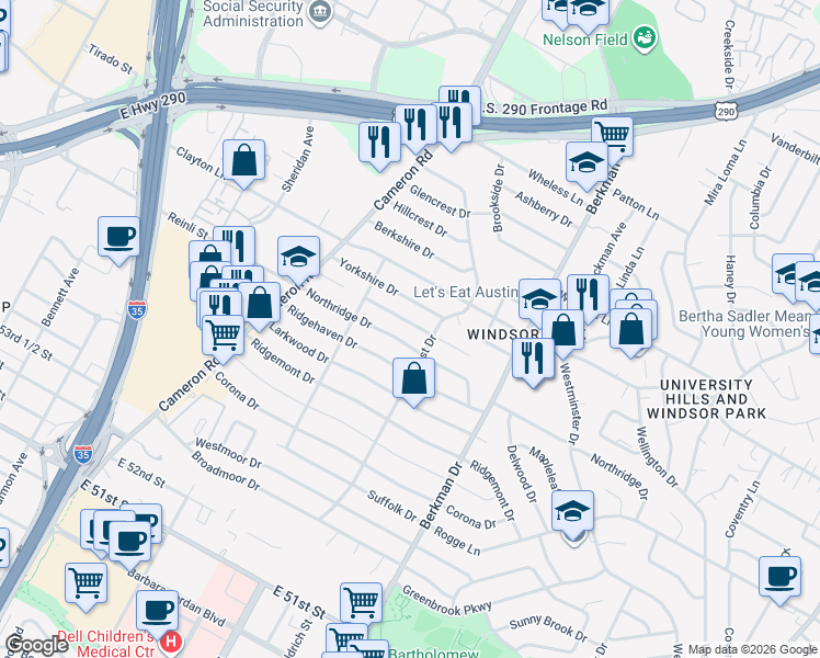map of restaurants, bars, coffee shops, grocery stores, and more near 1421 Yorkshire Drive in Austin