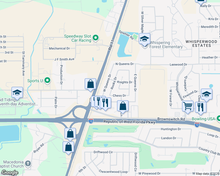 map of restaurants, bars, coffee shops, grocery stores, and more near 132 West Queens Drive in Slidell