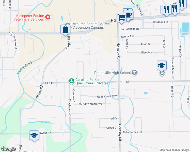 map of restaurants, bars, coffee shops, grocery stores, and more near 17060 Fox Ridge Drive in Prairieville