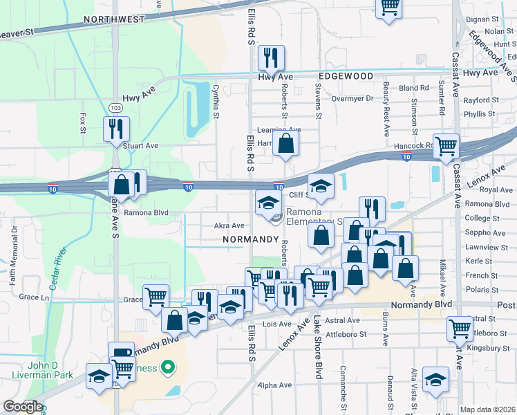 map of restaurants, bars, coffee shops, grocery stores, and more near 5548 Cliff Street in Jacksonville