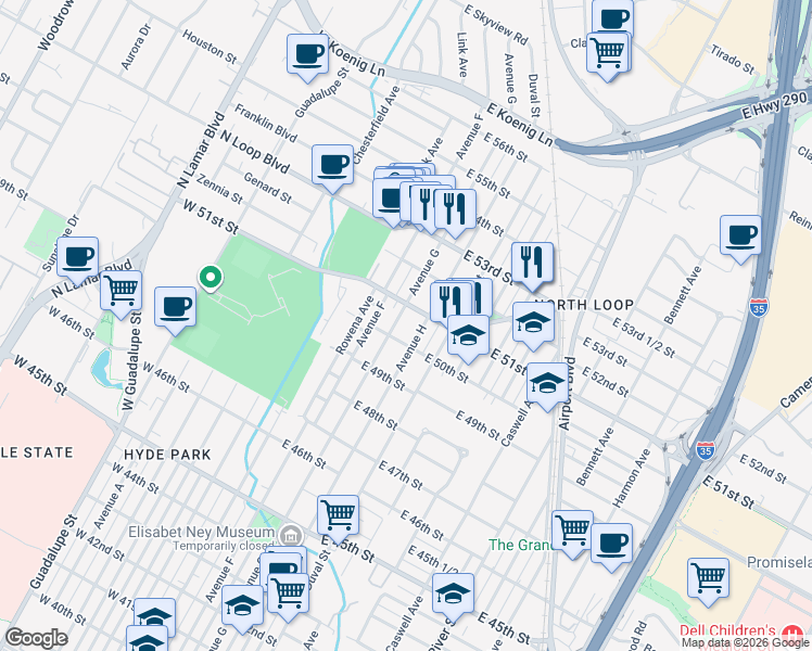 map of restaurants, bars, coffee shops, grocery stores, and more near 5012 Avenue G in Austin