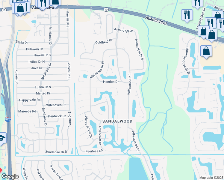 map of restaurants, bars, coffee shops, grocery stores, and more near 1876 Knottingham Trace Lane in Jacksonville