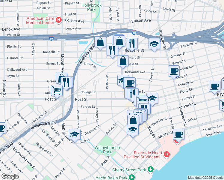 map of restaurants, bars, coffee shops, grocery stores, and more near 828 James Street in Jacksonville