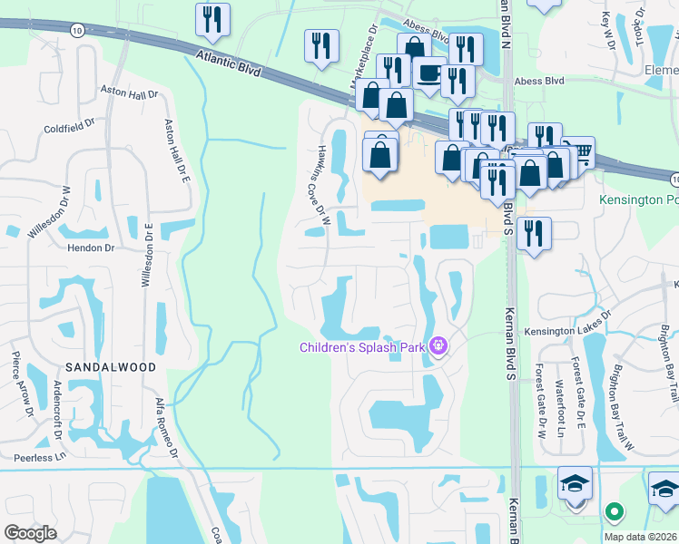 map of restaurants, bars, coffee shops, grocery stores, and more near 12103 Sunchase Drive in Jacksonville