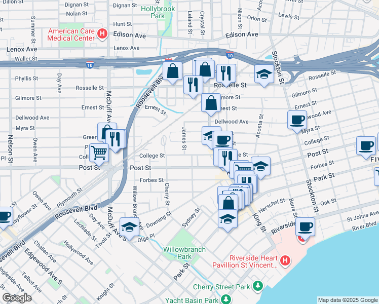 map of restaurants, bars, coffee shops, grocery stores, and more near 828 James Street in Jacksonville