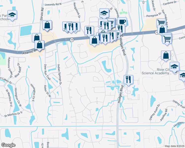map of restaurants, bars, coffee shops, grocery stores, and more near 2175 The Woods Drive East in Jacksonville