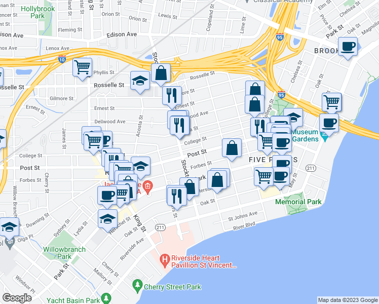 map of restaurants, bars, coffee shops, grocery stores, and more near 2342 College Street in Jacksonville