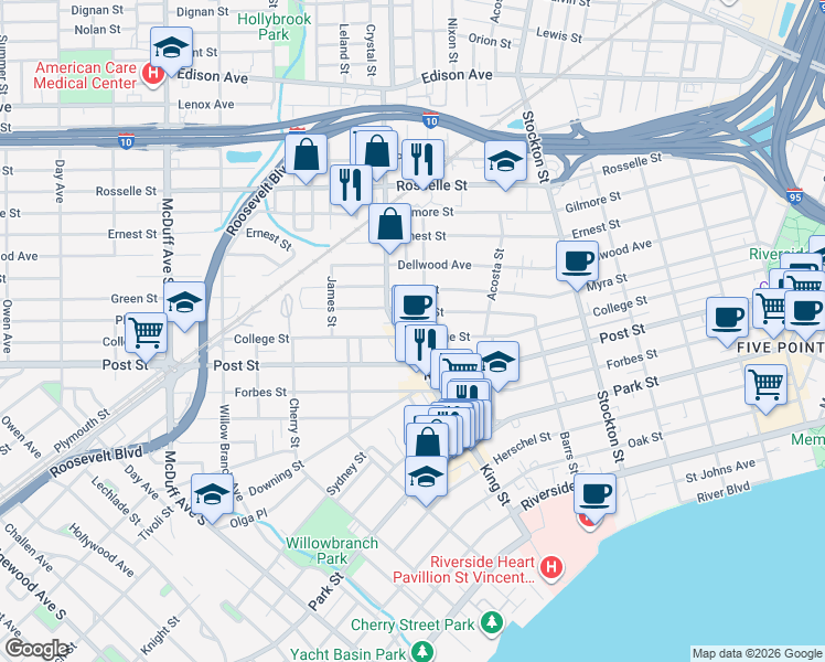 map of restaurants, bars, coffee shops, grocery stores, and more near 2696 Green Street in Jacksonville